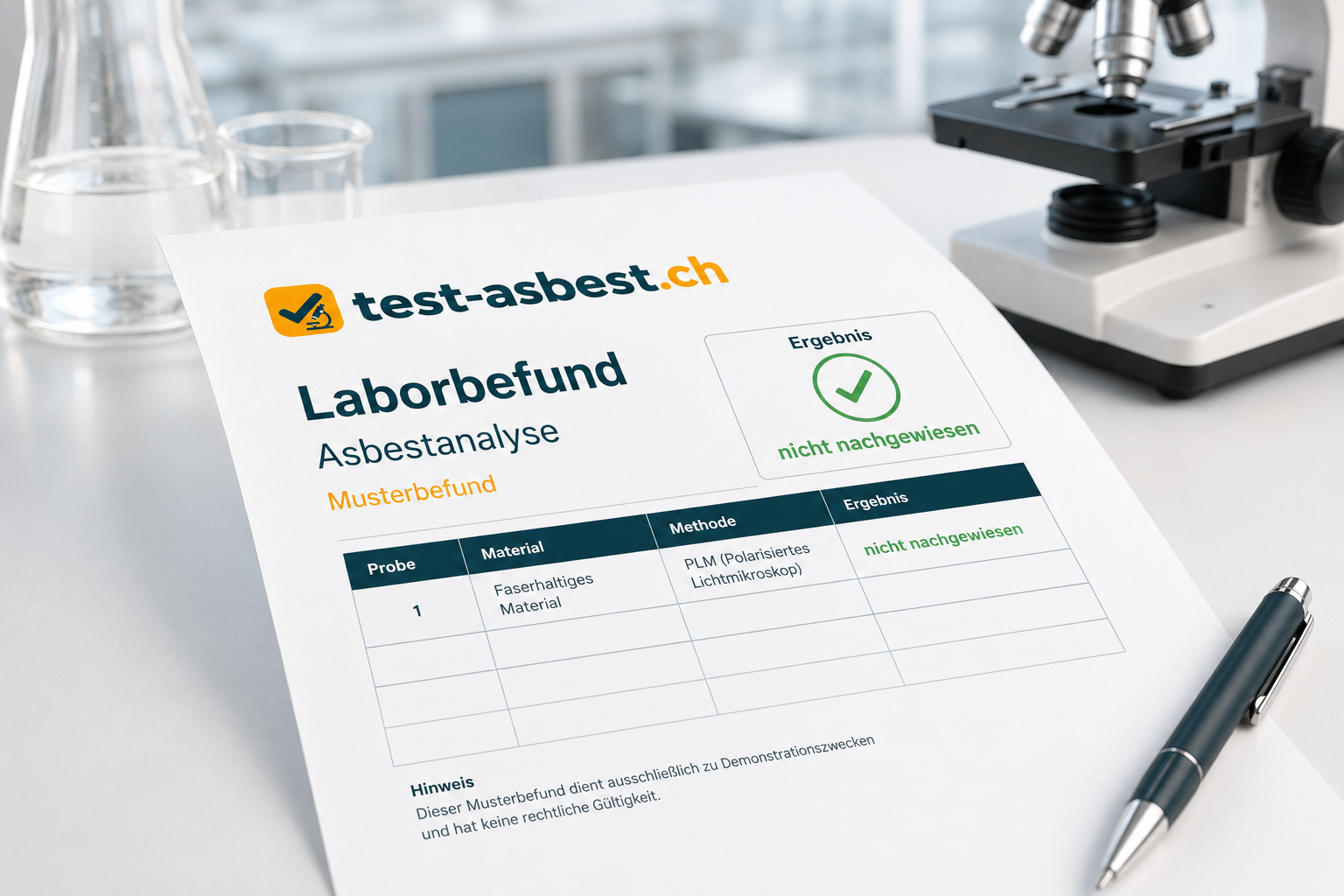 Muster-Laborbefund der Asbestanalyse mit dem Ergebnis "nicht nachgewiesen" auf einem Labortisch