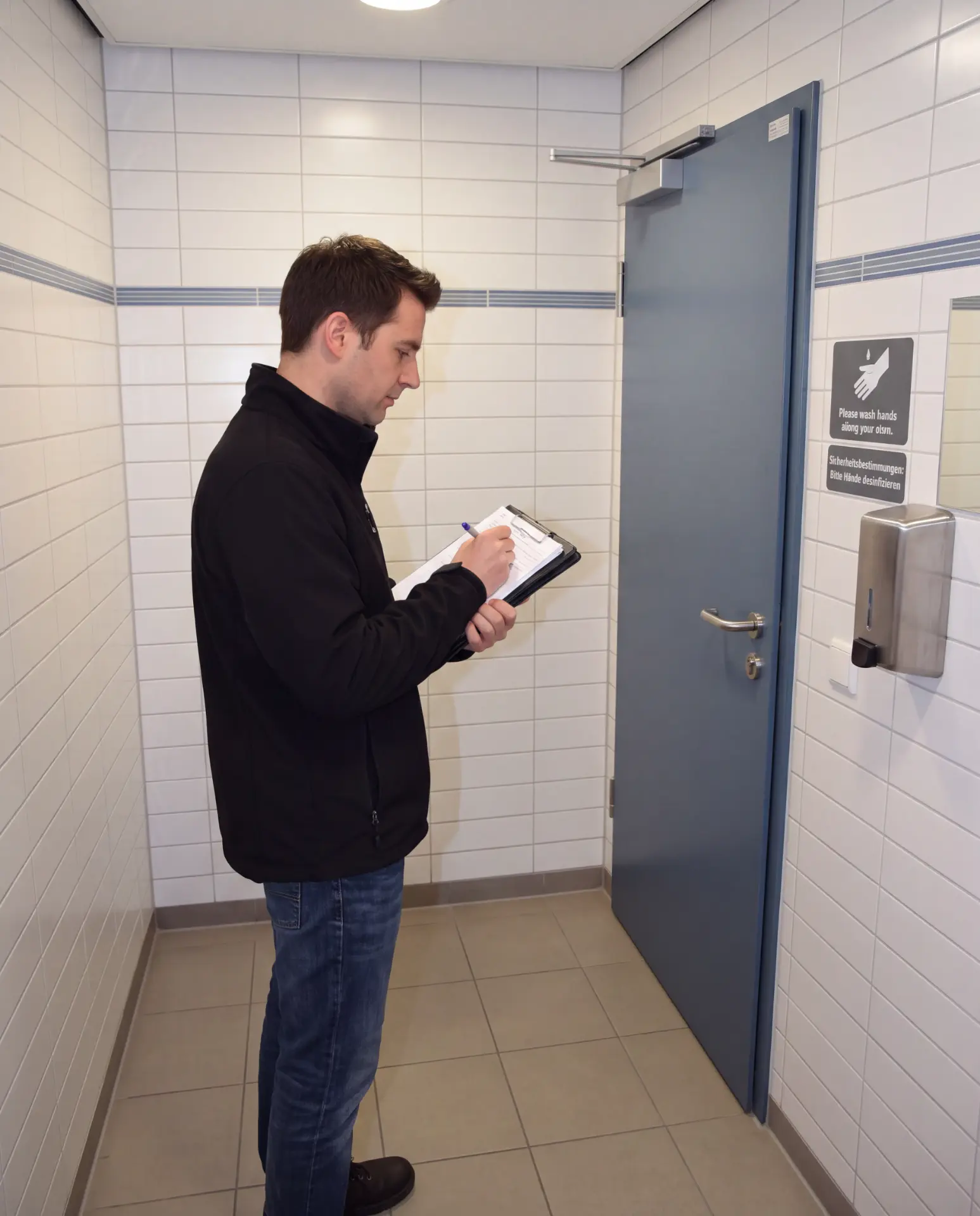 Fachperson bei der Raum-für-Raum-Begehung im Gebäudecheck – Asbestverdachtsstellen an Türen und Bauteilen dokumentieren