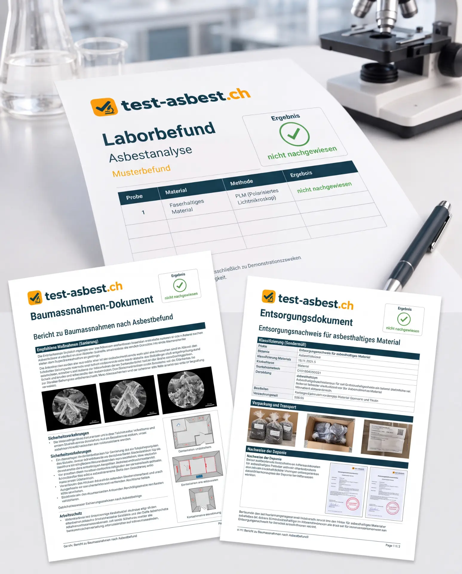 Laborbefund, Baumassnahmen-Dokument und Entsorgungsdokument für die Asbest-Sanierung