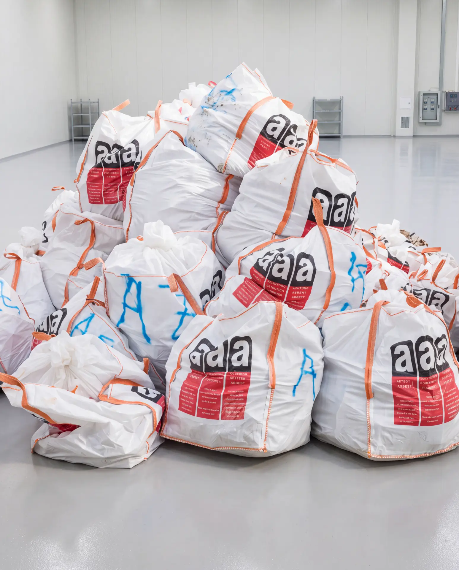 Mehrere Big Bags mit Asbest-Abfall, fachgerecht verpackt und gekennzeichnet für die Entsorgung