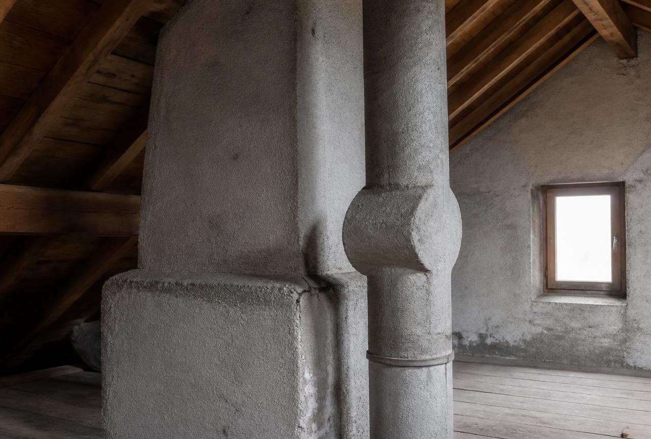Altes Kamin- und Lüftungsrohr aus Asbestzement im Dachstock eines Hauses der 1970er-Jahre