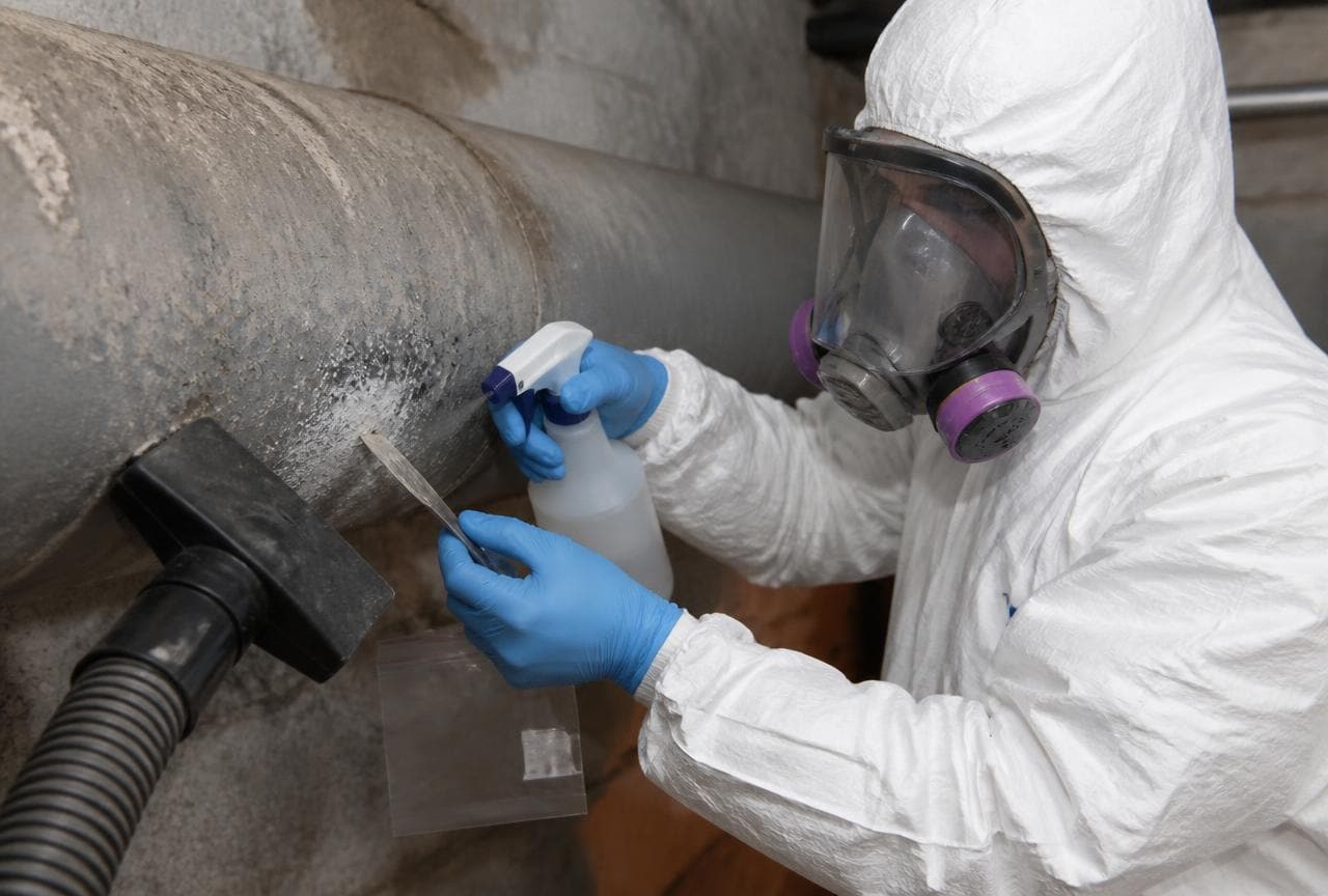 Fachperson entnimmt in Schutzausrüstung eine Materialprobe an einem Asbestzementrohr mit Vorbefeuchtung und HEPA-Absaugung