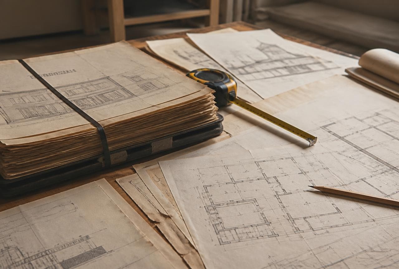 Alte Baupläne und Baudossier eines Schweizer Wohnhauses auf einem Tisch