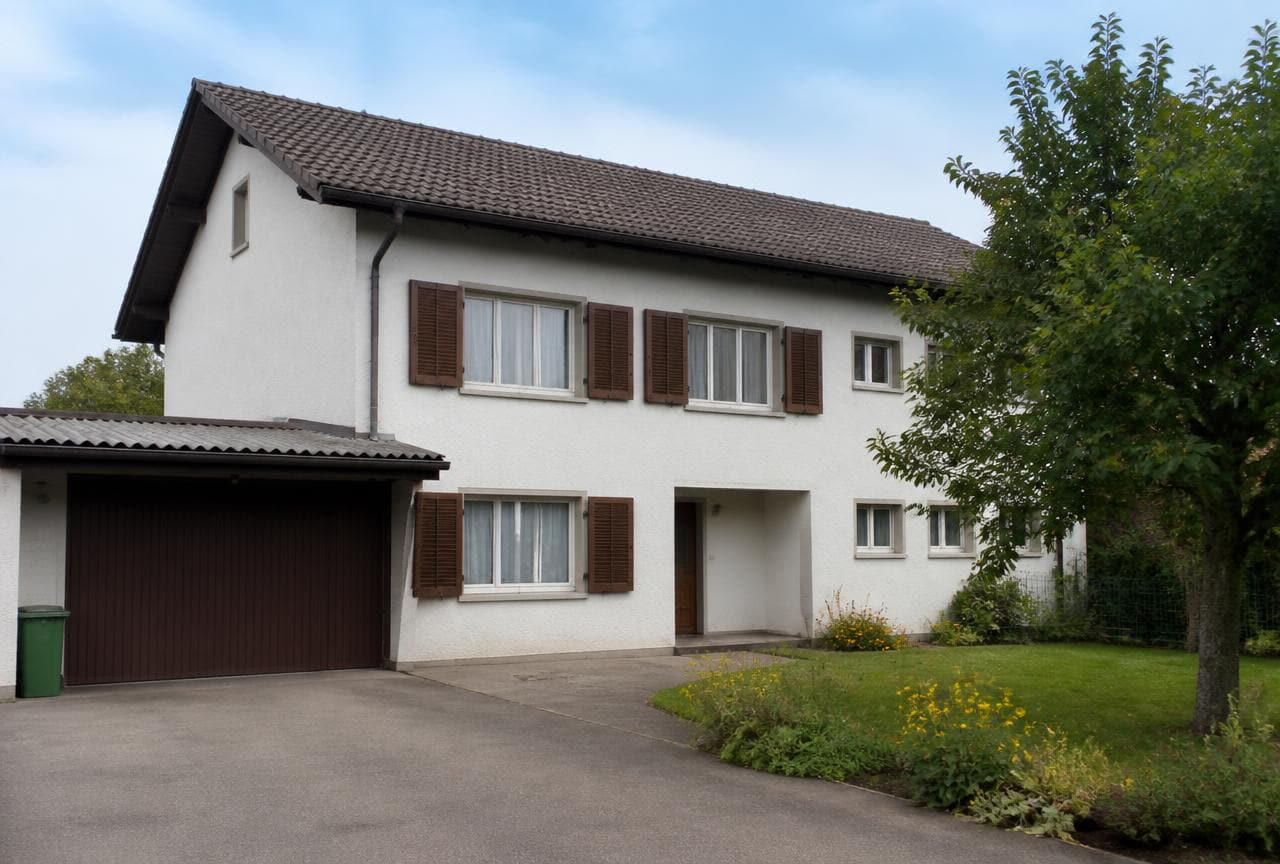 Einfamilienhaus aus den 1970er-Jahren mit Faserzement-Wellplatten über dem Garagenvordach