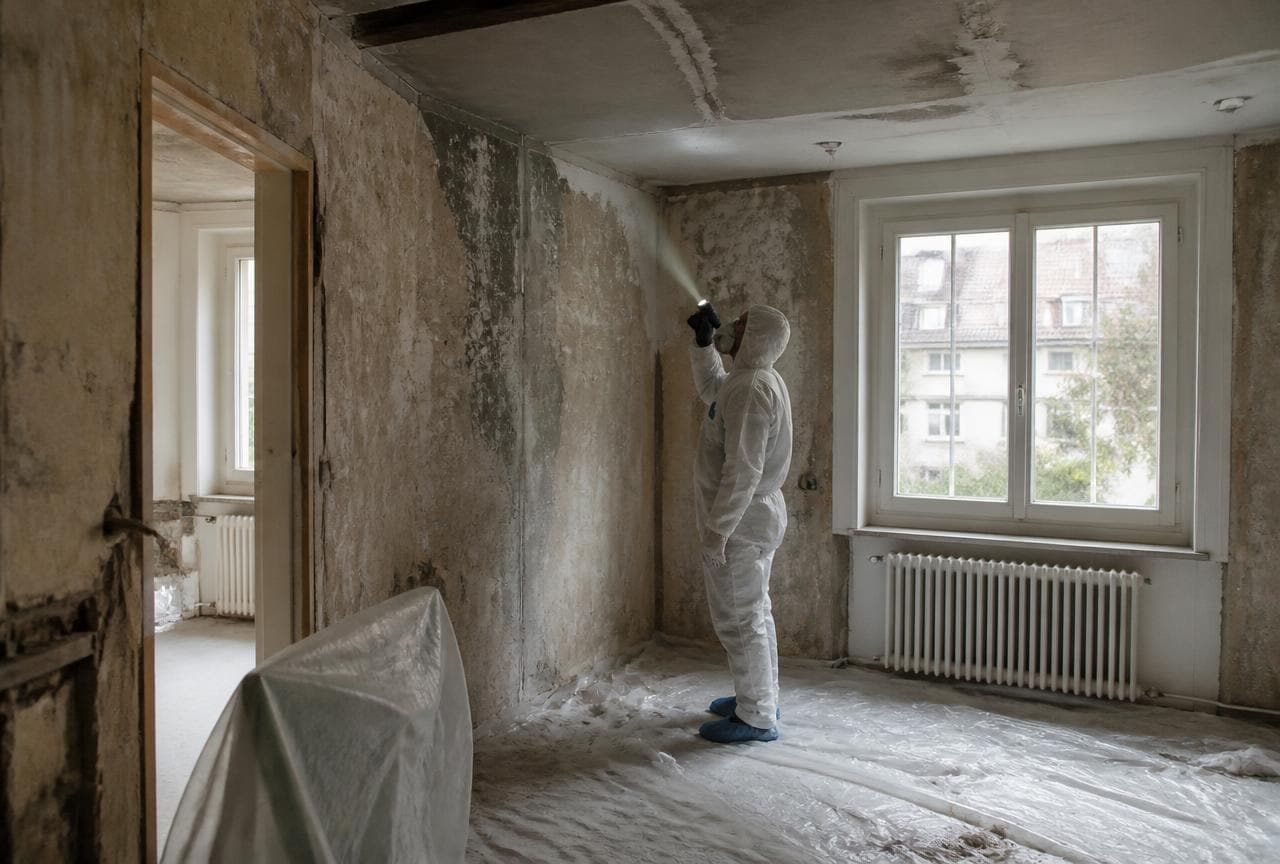 Fachperson im Schutzanzug prüft eine entkernte Altbauwohnung vor dem Umbau auf Asbest