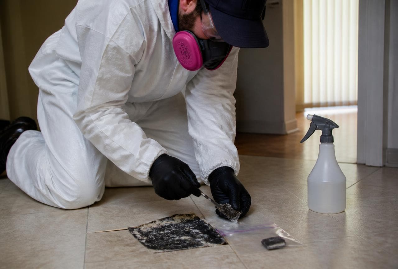 Fachperson entnimmt in Schutzausrüstung eine Bodenprobe mit Kleberesten und verpackt sie im beschrifteten Beutel
