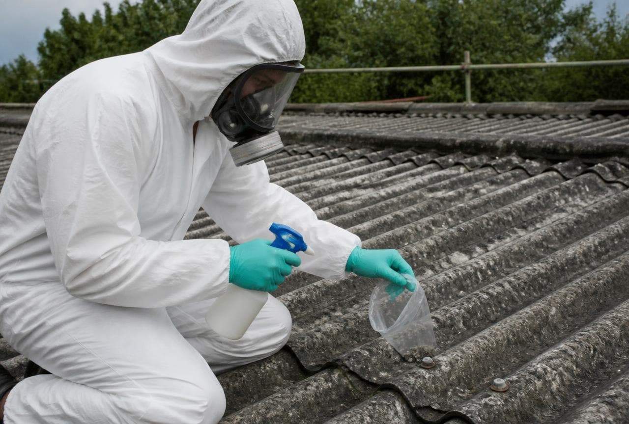 Fachperson in Schutzanzug entnimmt vorbefeuchtet eine Materialprobe von einer Dachwellplatte