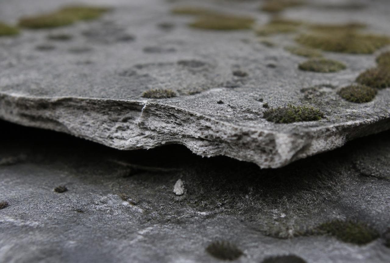 Abgeplatzte Bruchkante einer Faserzementplatte mit sichtbar faseriger Struktur