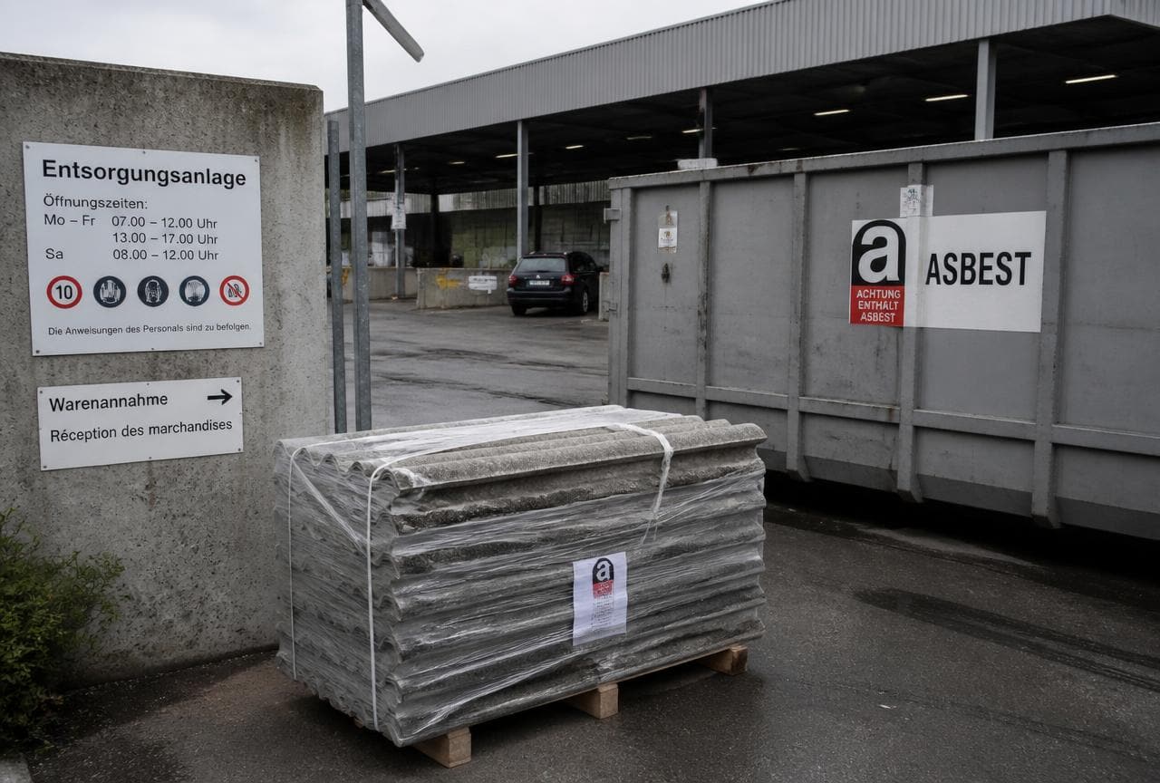 Palette mit verpackten Asbestzement-Wellplatten vor einer Schweizer Entsorgungsanlage neben einer als Asbest gekennzeichneten Mulde