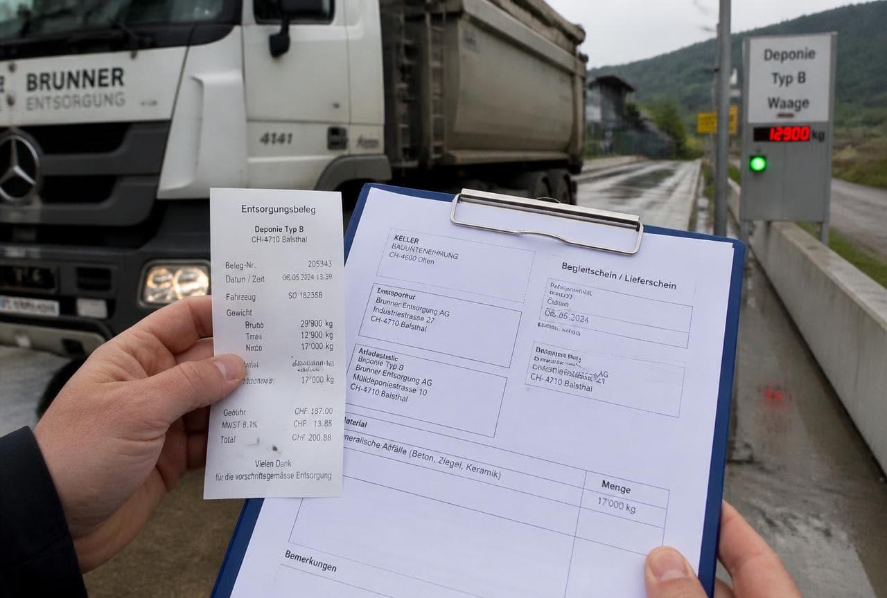 Hand hält Entsorgungsbeleg und Begleitschein vor einem Lastwagen an der Deponiewaage