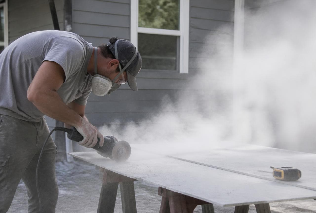 Handwerker schneidet eine Zementplatte mit dem Winkelschleifer und erzeugt dabei eine grosse Staubwolke