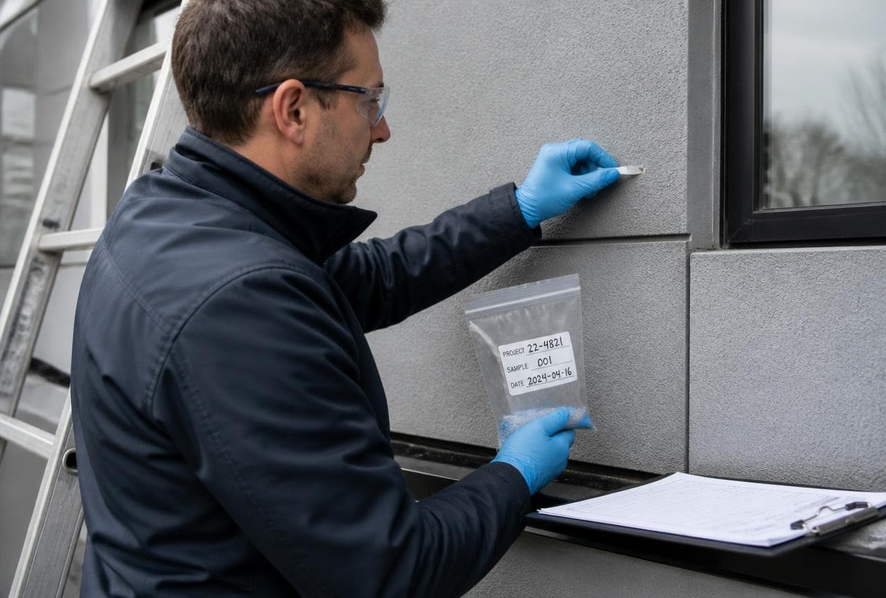 Fachperson entnimmt mit Handschuhen eine kleine Materialprobe aus einer Fassadenplatte in einen beschrifteten Probenbeutel