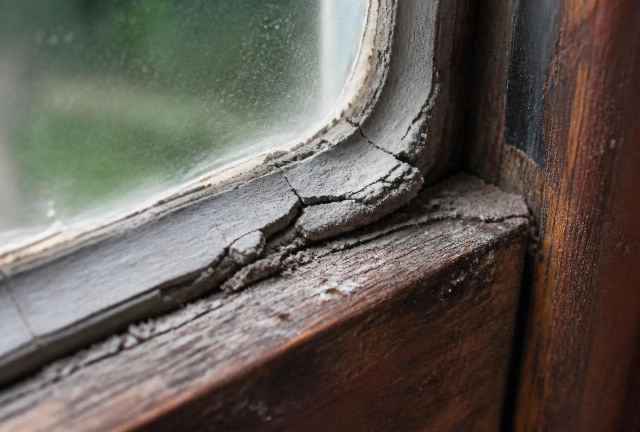 Nahaufnahme von sprödem, rissigem Fensterkitt mit abbröckelnden Kanten am Holzrahmen
