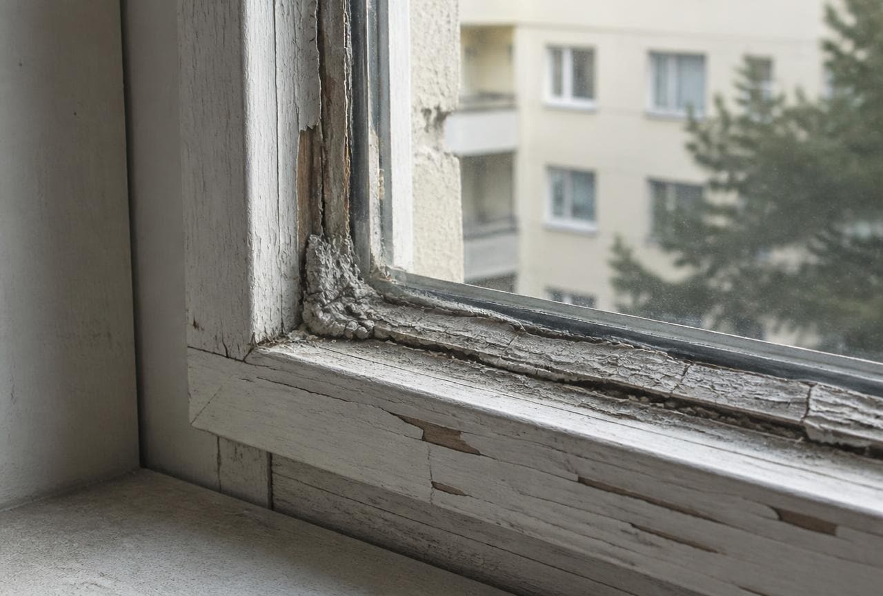 Altes Holzfenster mit grauem, rissigem Fensterkitt entlang der Glasscheibe in einem Schweizer Altbau