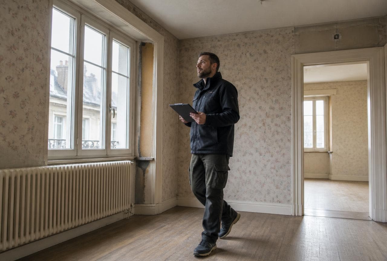 Fachperson begeht mit Klemmbrett eine leere Altbauwohnung und erfasst asbestverdächtige Bauteile