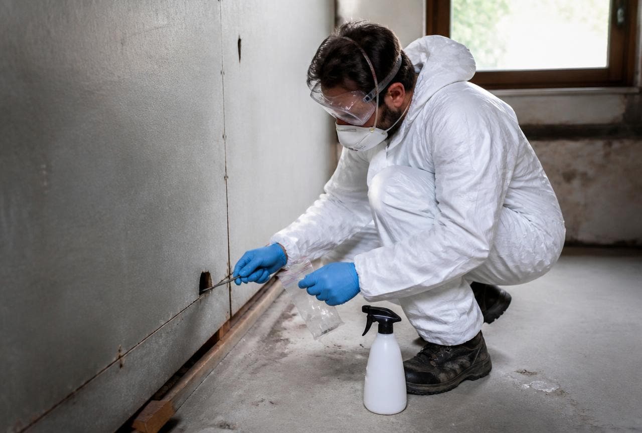 Fachperson entnimmt mit Schutzanzug, Maske und Sprühflasche eine Materialprobe an einer alten Faserzementplatte