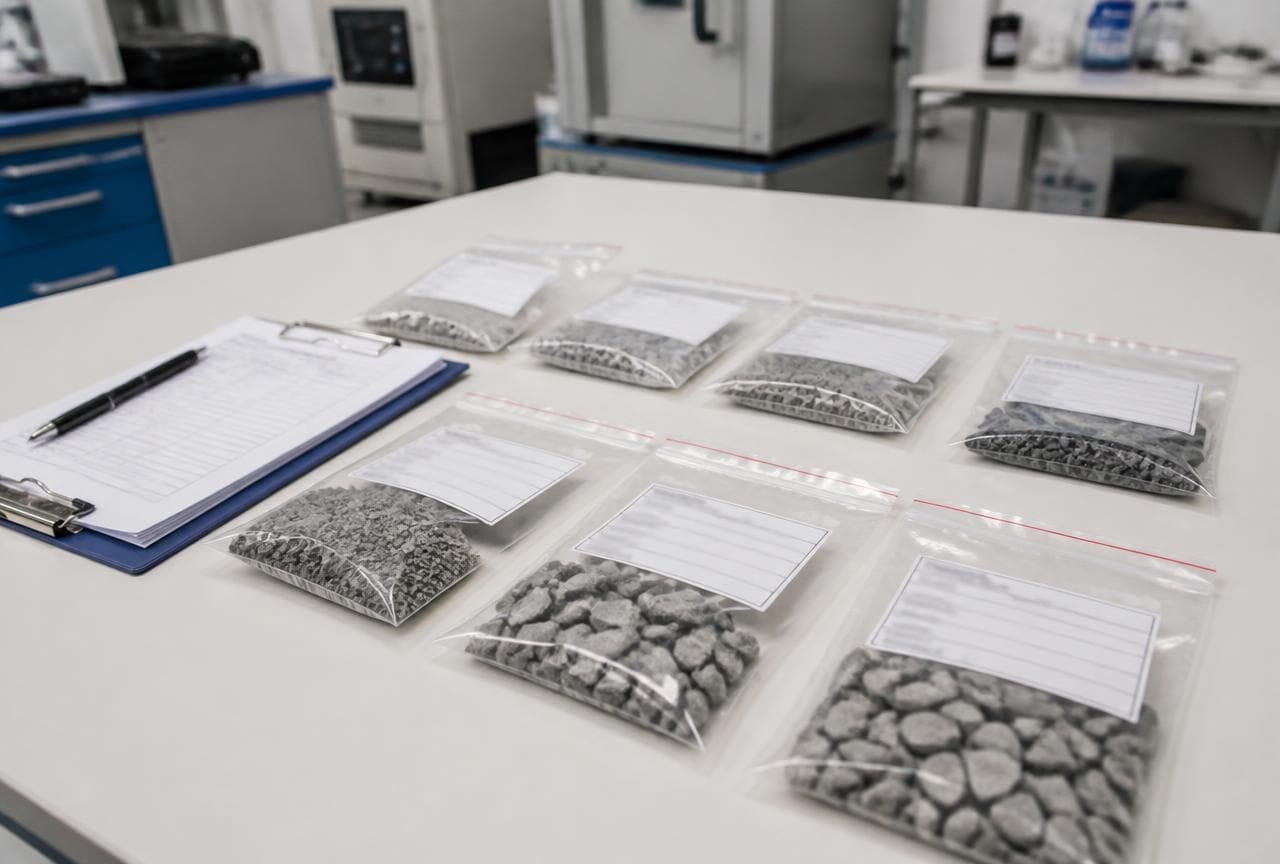 Beschriftete, doppelt verschlossene Probenbeutel mit Baumaterialproben auf einem Labortisch