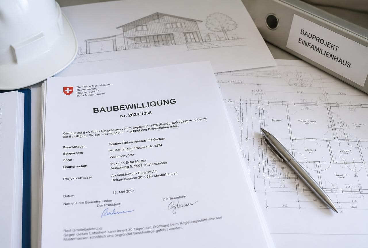 Schweizer Baubewilligung mit Bauplänen, Ordner und Schutzhelm auf einem Schreibtisch