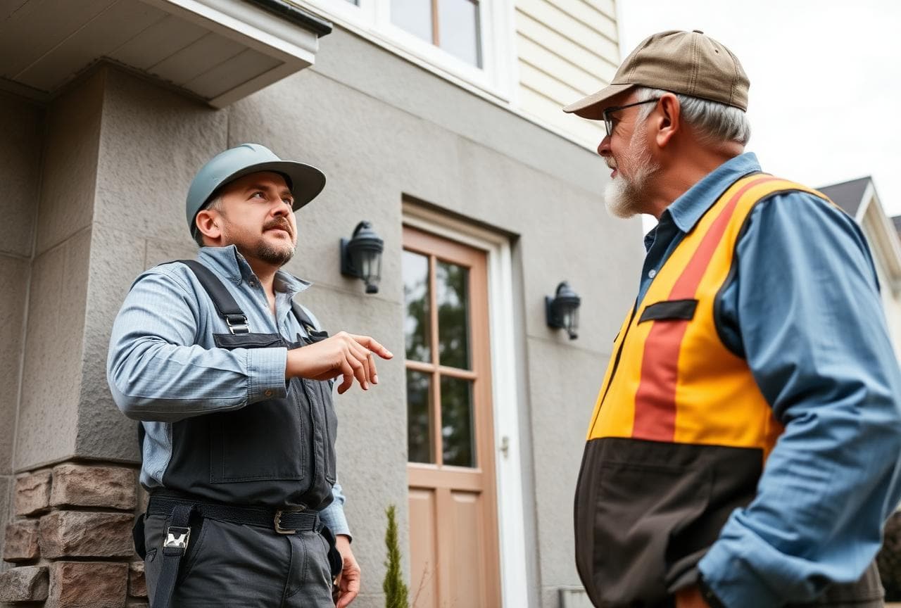 Fachperson erklärt einem Hauseigentümer eine Faserzementfassade vor Ort