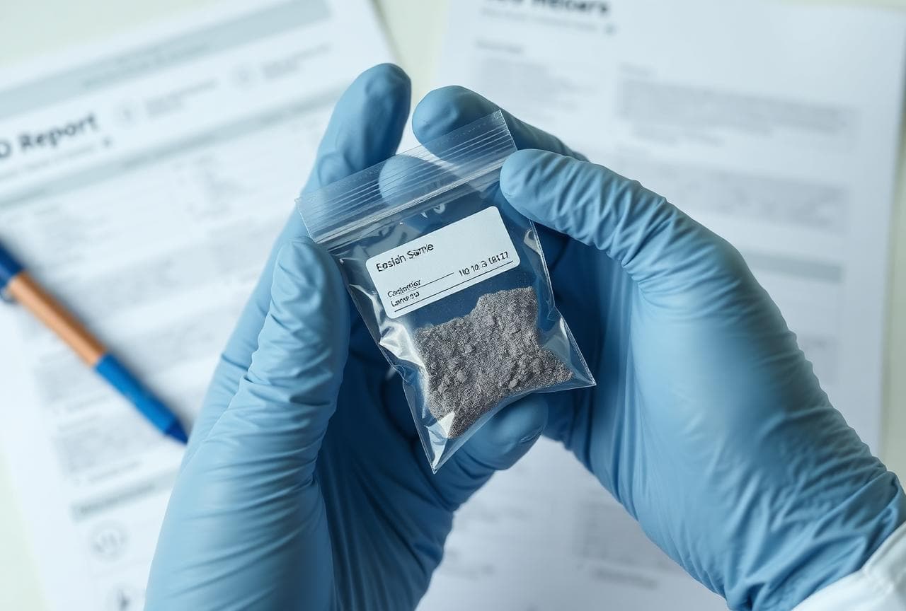 Beschriftete Materialprobe im Probenbeutel vor einem Laborbericht