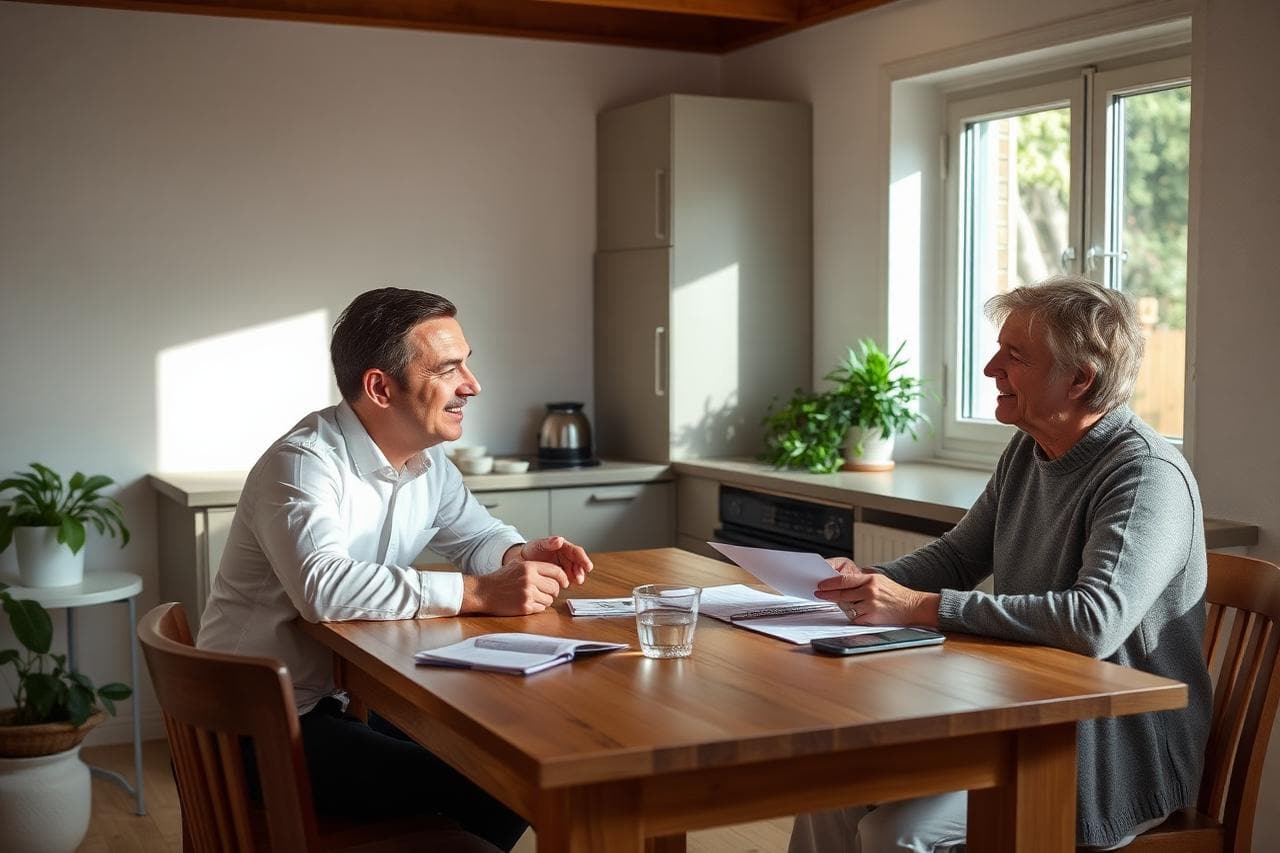 Berater und Eigentümer besprechen am Küchentisch eine Offerte für den Asbesttest