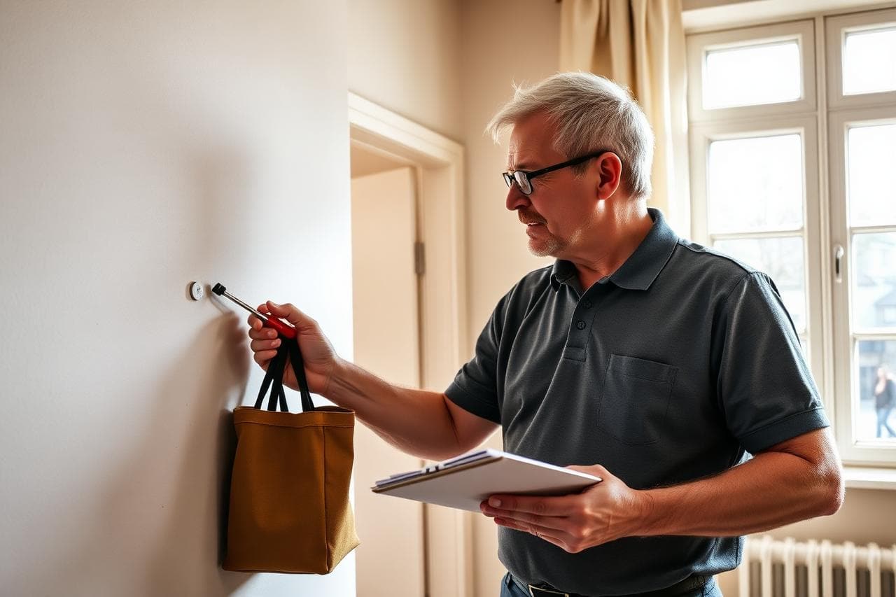 Fachperson entnimmt mit Werkzeug eine kleine Materialprobe aus einer Wand und dokumentiert sie