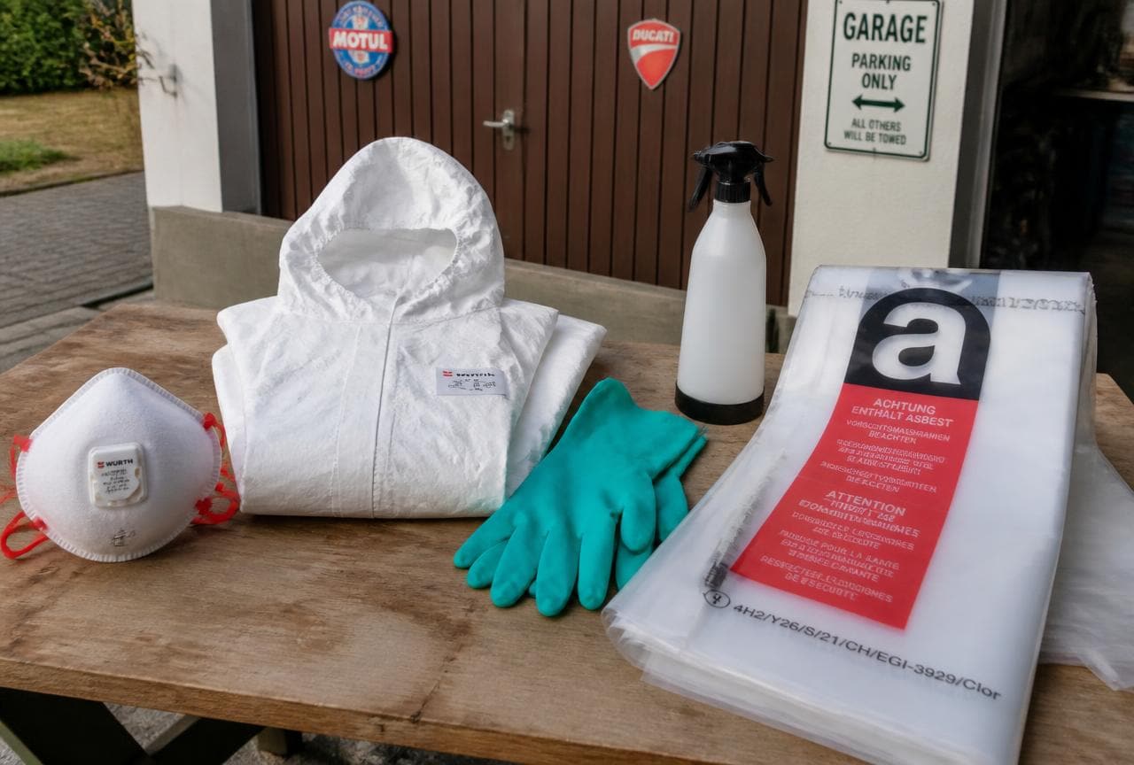 FFP3-Maske, Einweg-Overall, Handschuhe, Sprühflasche und beschriftete Asbestsäcke auf einer Werkbank