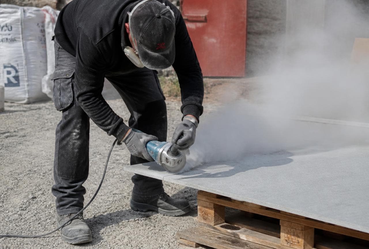 Handwerker flext eine Faserzementplatte und erzeugt dabei eine grosse Staubwolke