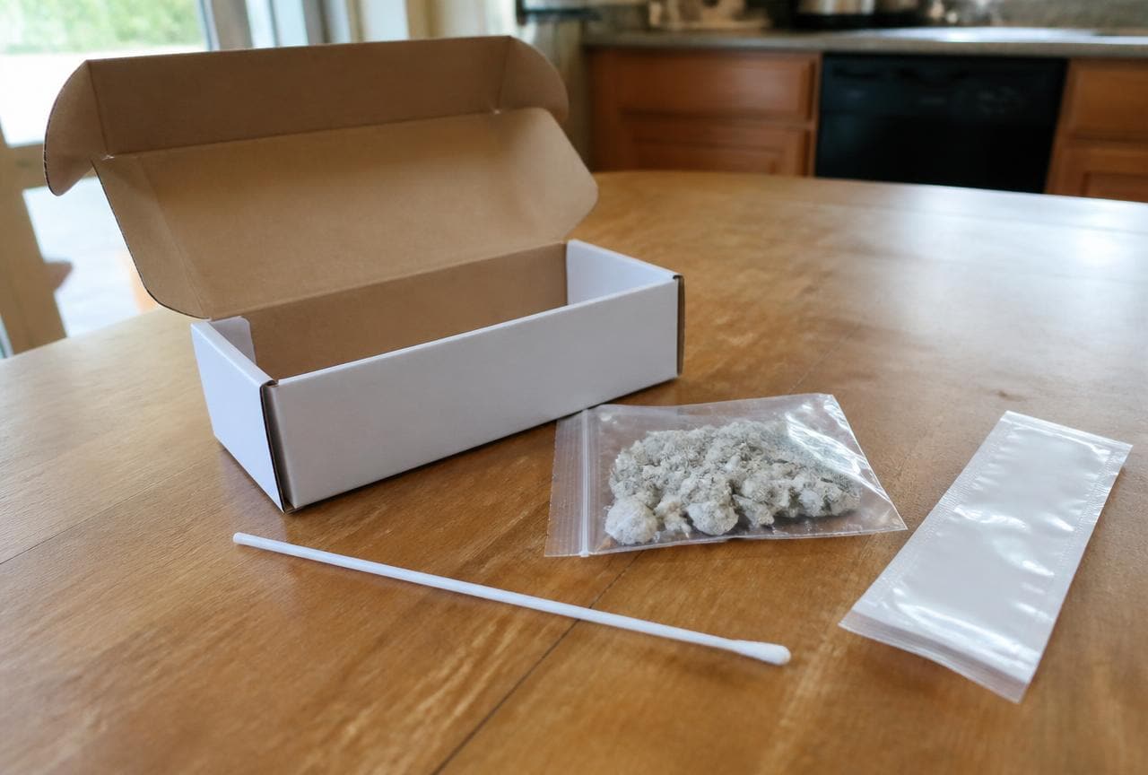 Asbest-Selbsttest-Set mit Probenbeutel, Wattestäbchen und Versandkarton auf einem Küchentisch
