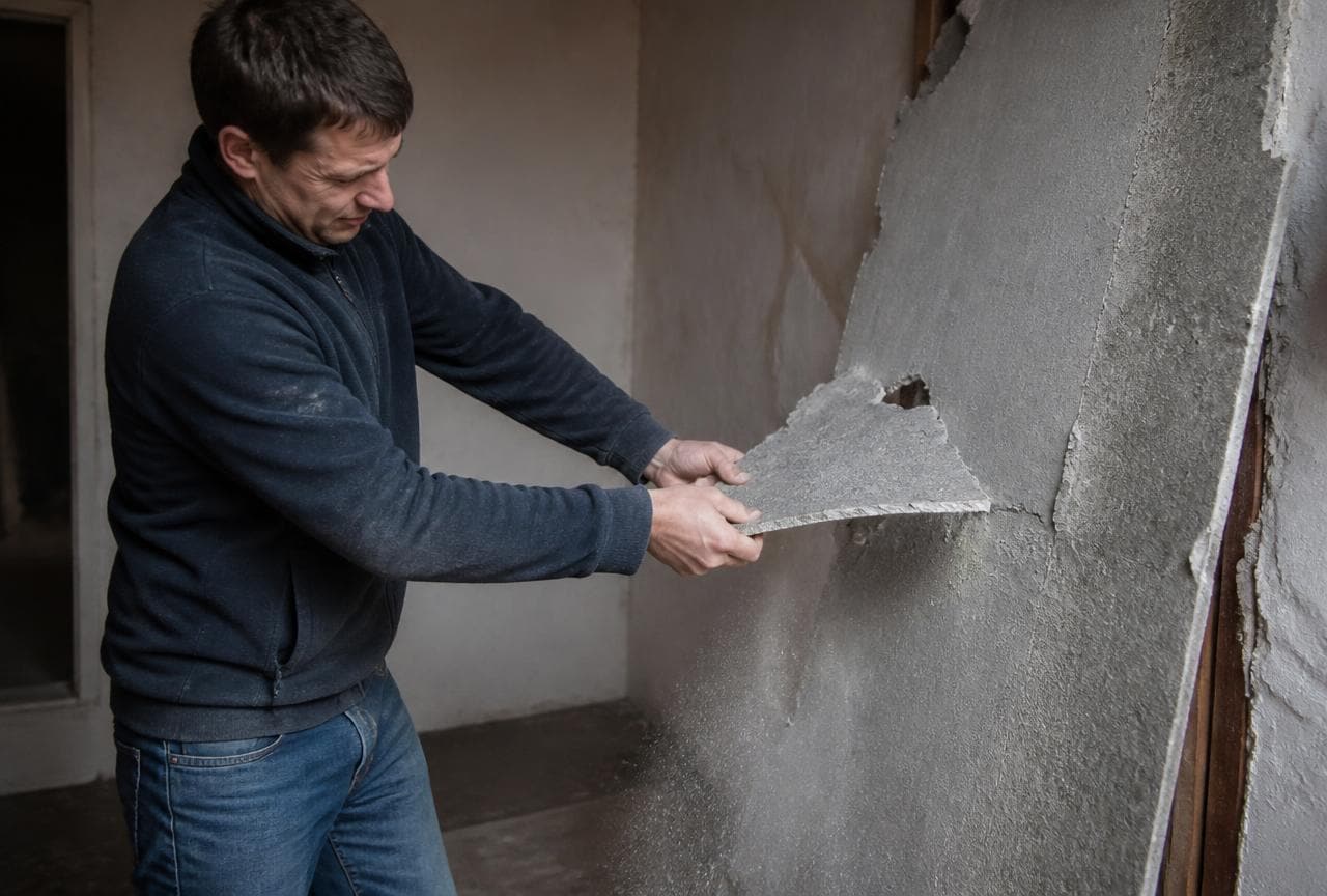 Person ohne Schutzausrüstung bricht ein Stück aus einer alten Faserzementplatte, dabei entsteht Staub