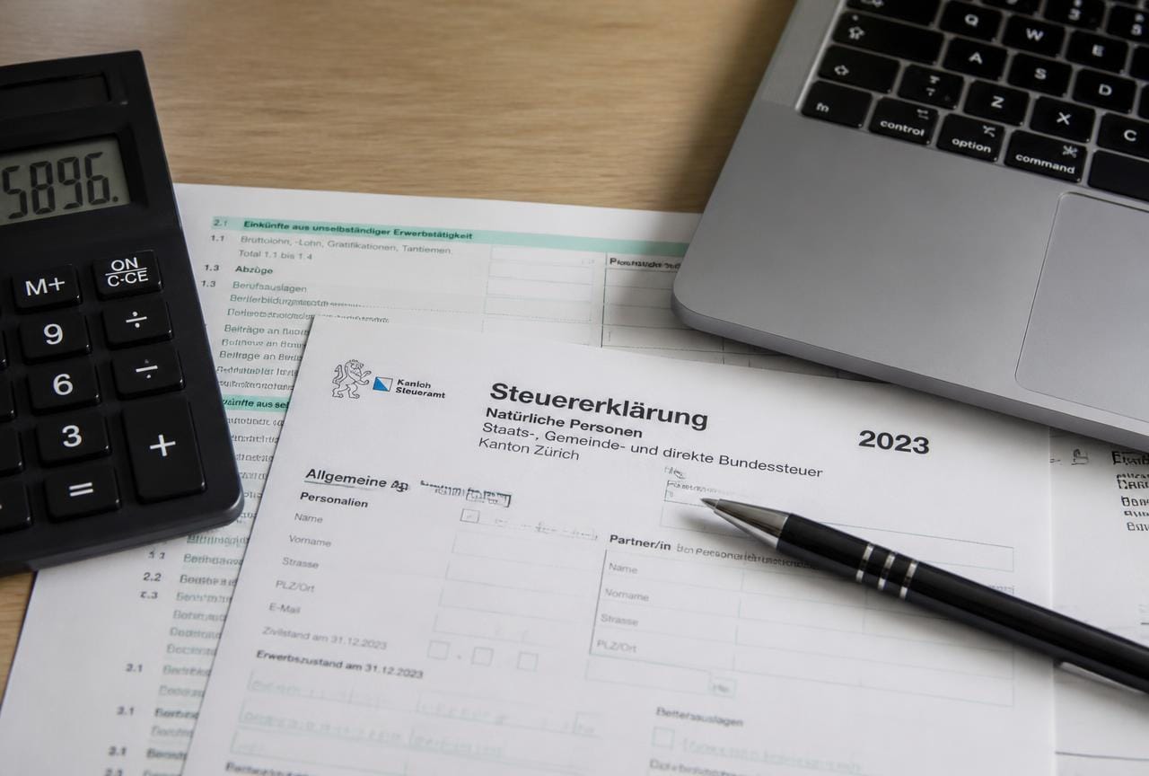 Schweizer Steuererklärung mit Taschenrechner und Laptop auf einem Schreibtisch