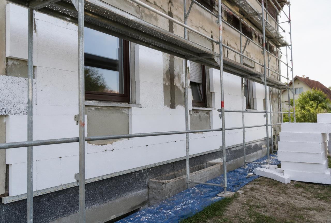 Eingerüstetes Haus mit neuer Fassadendämmung während der Sanierung