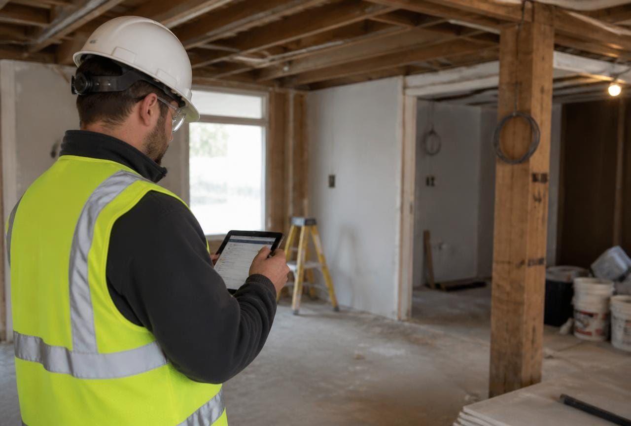 Sicherheitsfachperson mit Helm dokumentiert eine Baustellenkontrolle auf dem Tablet