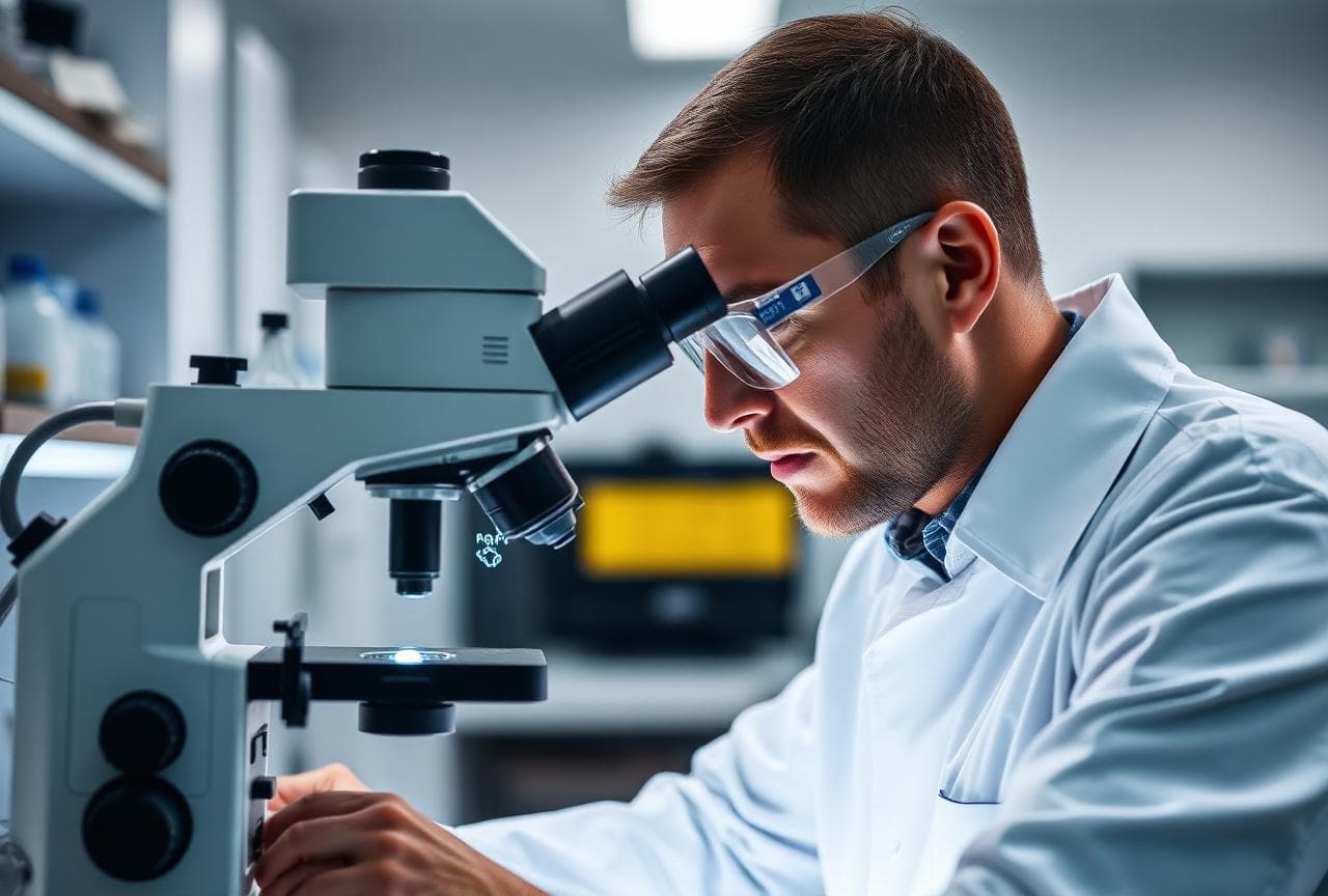 Laborfachperson analysiert eine Materialprobe unter dem Polarisationsmikroskop