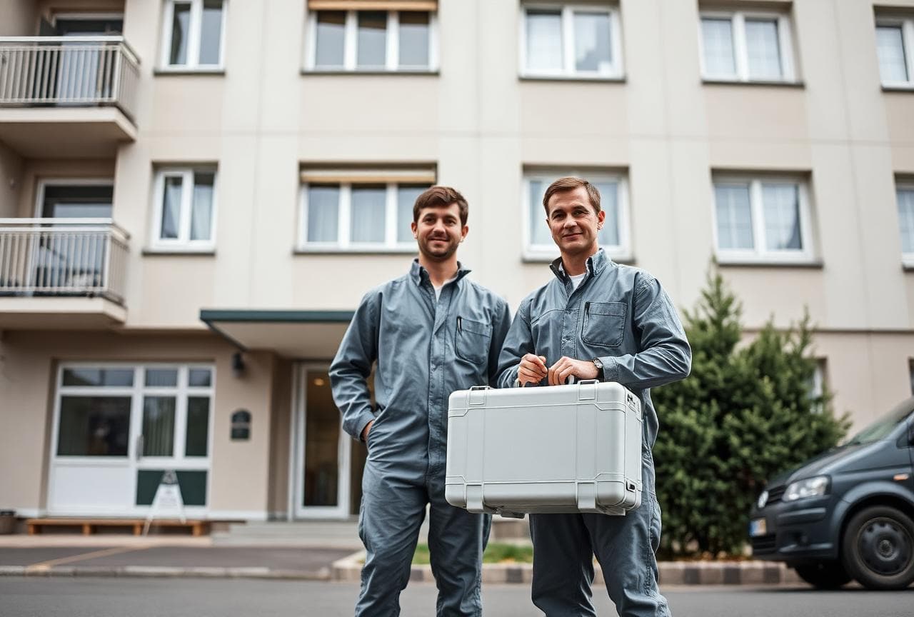 Zwei Bauschadstoff-Fachleute mit Probenkoffer vor einem Mehrfamilienhaus
