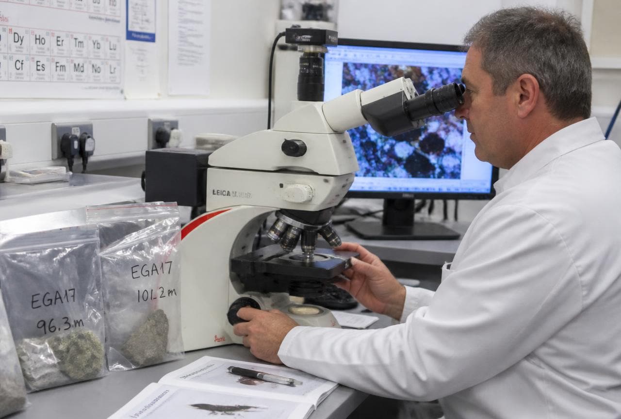 Laborfachperson untersucht eine Materialprobe unter dem Polarisationsmikroskop