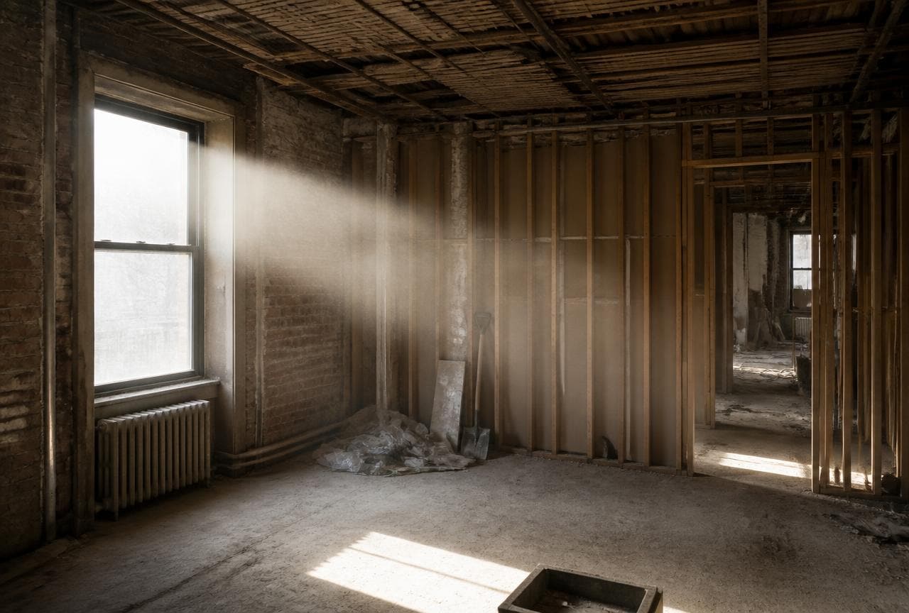 Staub in der Luft eines entkernten Altbau-Raumes im Sonnenlicht – Faserfreisetzung bei Umbauarbeiten